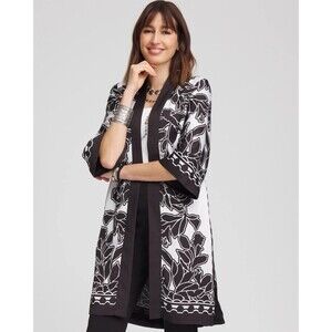 NEW Chicos Size 1 Womens Medium Open Front Satin Black & White Floral Kimono